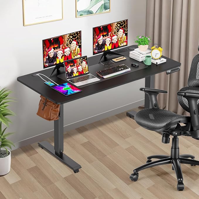 farexon 55 x 24inch Electric Standing Desk Adjustable Height with Power Outlets, Stand up Desk with Wheels,Mouse Pad, Hooks,Preset Heights Home Office Gaming Computer Workstations Table（Black）