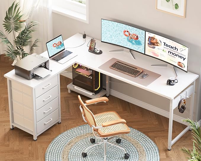 AODK L Shaped Gaming Desk with 4 Drawers, 61" Reversible Home Office Desks with Power Outlets, L Shaped Computer Desk with USB Charging Port and Host Stand, Corner Desk, Easy to Assemble, White