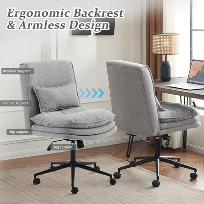 VINGLI Cloud Criss Cross Legged Chair,18" High Back Armless Home Office Desk Chair with Wheels,Wide Adjustable Comfy Padded Seat Task Computer Chair,Modern Swivel Makeup Vanity Chair,Fabric,Grey