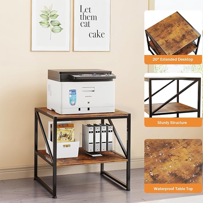 2-Tier Large Priner Stand with Storage Shelf, 20"×20" Under Desk Printer Table for Office, Mini Fridge Stand, End Table for Living Room, Heavy Duty Storage Rack for Scanner Fax Machine, Rustic Brown