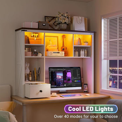 EnHomee 38" Wooden Desk Shelf for Top of Desk with LED Lights, Adjustable Desk Hutch Dorm with Drawer & 8 Shelves, Desktop Bookshelf for Dorm, Home, Office,White