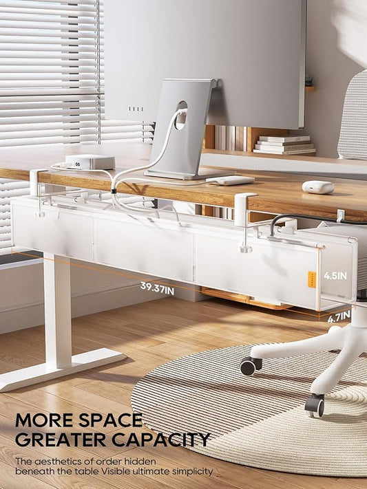 39" No Drill Under Desk Cable Management Tray (White) | Fire-Resistant Thickened Nylon Material, Clip-on Cord Organizer to Hide Power Strip, Heat Dissipation Mesh Design, for Office