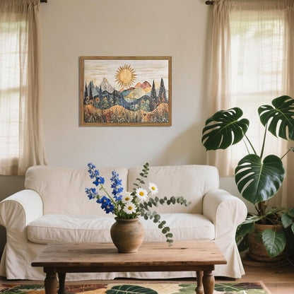 Framed Boho Sun Canvas Wall Art, Modern Abstract Mountain Landscape Painting, Southwestern Sun Poster Picture Print, Boho Floral Aesthetic Wall Decor for Bedroom Home Office 8x10 inch