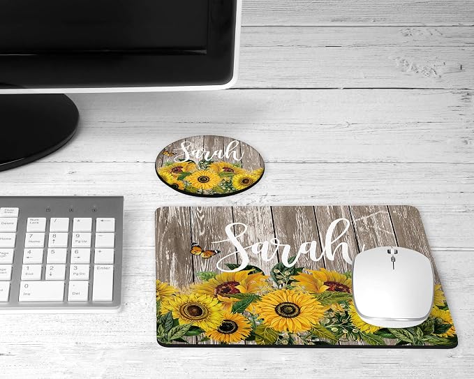 Sunflower Personalized Mouse Pad and Coaster Custom Desk Set Teacher Appreciation Coworker Gifts Office Decor Cute Accessories for Women Her Handmade (Sunflower Barnwood)