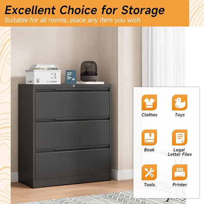 Bestoo 3 Drawer File Cabinet with Lock, File Cabinet, Metal Lateral Filing Cabinet, File Cabinets for Home Office, Office Cabinet for Hanging Files Letter/Legal/F4/A4 Size