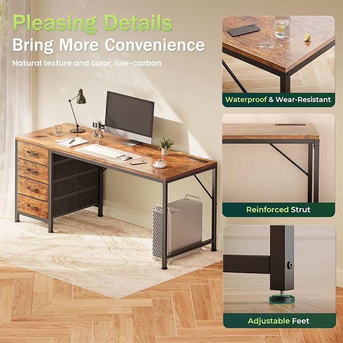 PRAISUN 55.1 Inch Computer Office Desk with Power Outelts and USB-C Port, Reversible Gaming Desk with 4 Fabric Drawers, Work Study Desk Work from Home, Rustic Brown