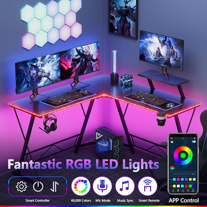 Mr IRONSTONE Gaming Desk with LED Lights, L Shaped Desk Corner with Cup Holder & Headphone Hook, Computer Desk Home Office Desks with Large Monitor Stand, Carbon Fiber Surface, Black 51 Inch