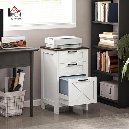 HOMCOM 3 Drawer File Cabinet with Silent Slides, Vertical Filing Cabinet for Hanging A4/Letter Size, Rustic Farmhouse Printer Stand with Storage for Home Office, Distressed White