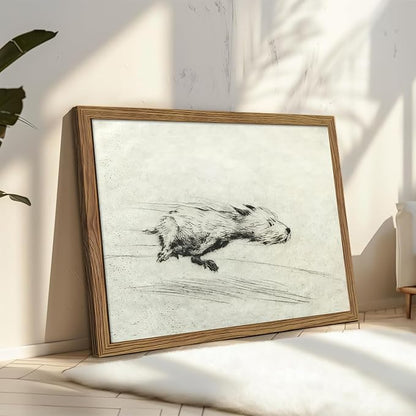 Framed Dog with Zoomies Canvas Wall Art, Vintage Dog Flight Poster Print, Sketch Running Little Pictures Decor, Black and White Silly Wall Decor for Living Room Bedroom – 16x24 inch