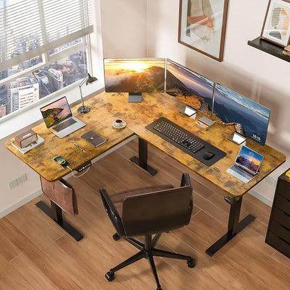 63 x 55 inch L-Shaped Standing Desk, Corner Computer Desk, Electric Standing Desk Adjustable Height, Sit to Stand Ergonomic Workstation for Home Office, Rustic Brown