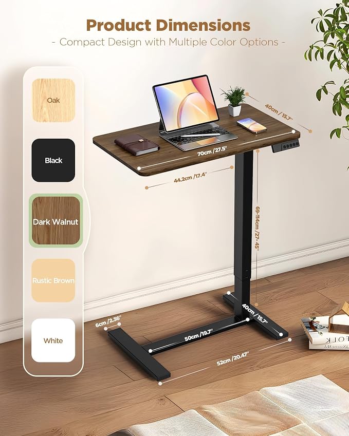 Overbed Bedside Table with Wheels, Electric Standing Desk Adjustable Height, Small Computer Desk for Home Office, Rolling Laptop Desk for Bed, Sofa, or Hospital Use (28"x16",Dark Walnut)