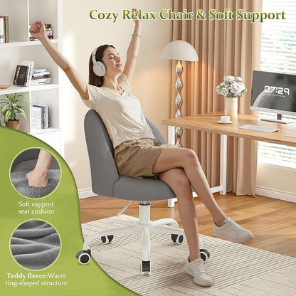 DurayLoly Vanity Chair with Back, Cute Desk Chair with Wheels, Armless Chair with Height Adjustable & 360° Swivel, Soft Lumbar Support for Small Space, Bedroom, Grey