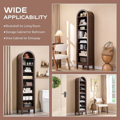IFGET 71" Tall Arched Bookshelf, 8 Tiers Arch Bookcase with Storage, Modern Farmhouse Book Shelf with Adjustable Shelves, Wood Bookshelf w/Open Display Shelves for Living Room, Office (Brown)