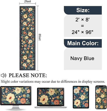 DUKINO 2x8 Runner Rug for Hallway, Washable Kitchen Runner Rug with Rubber Backing Non Slip, Low Pile Soft Boho Floral Thin Carpet for Entryway, Hallway, Bathroom, Laundry Room, Navy Blue