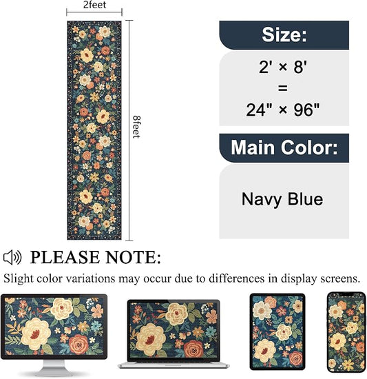 DUKINO 2x8 Runner Rug for Hallway, Washable Kitchen Runner Rug with Rubber Backing Non Slip, Low Pile Soft Boho Floral Thin Carpet for Entryway, Hallway, Bathroom, Laundry Room, Navy Blue