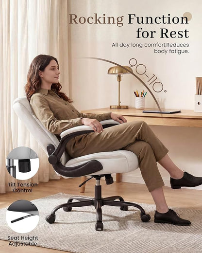 COMHOMA Mid-Back Office Chair, Ergonomic PU Desk Chair with Flip up Arms, Small Computer Gaming with Comfy Lumbar Support,Rocking Function,Sturdy Metal Base, White