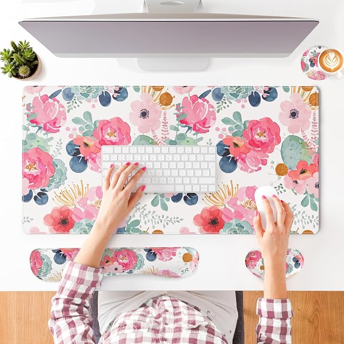 QIYI Leather Desk Mat Set, 4-in-1 Large Mouse Pad with Ergonomic Wrist Rest, Waterproof Desk Pad + Keyboard Wrist Rest + Mouse Wrist Support + Coaster, Non-Slip Office Gaming Accessories, Pink Flowers
