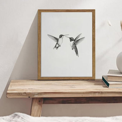 Vintage Wall Art Framed Hummingbird Canvas Print, Modern Farmhouse Birds Wall Decor, Living Room Sketch Painting Picture, Minimalist Black and White Bird Bedroom Decor – 12x16 inch