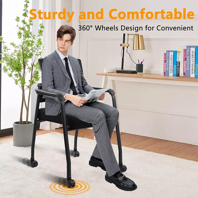 KLASIKA Waiting Room Chairs with Wheels, Adjustable Mesh Backrest, Desk Chair with Ergonomic Lumbar Support and Thickened Seats Cushion, 2 Pack Black