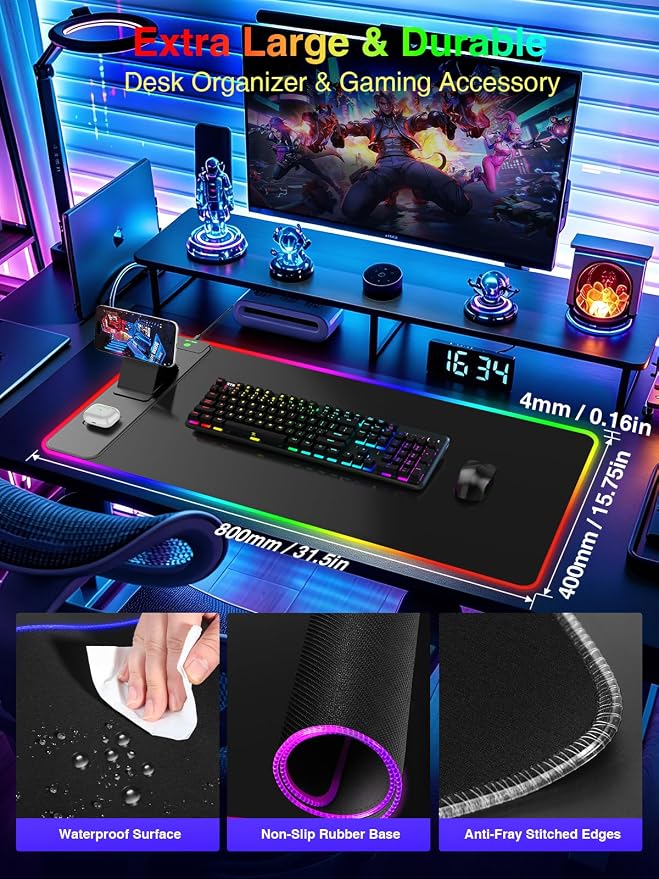 Wireless Charging Mouse Pad with Magnetic Phone Stand, 31.5"x15.8" Large | Gaming Mousepad RGB Desk Mat, Smooth Glide, Stitched Edge, Non-Slip Rubber Base, Waterproof Keyboard Mat, No Adatper