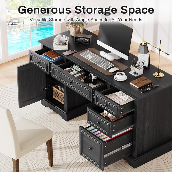 Vipbear 60" Farmhouse Executive Desk with Drawers and Cabinet, Embossed Texture Wood Home Office Desk, Rustic Computer Writing Desk, Workspace for Work Study Writing, Black