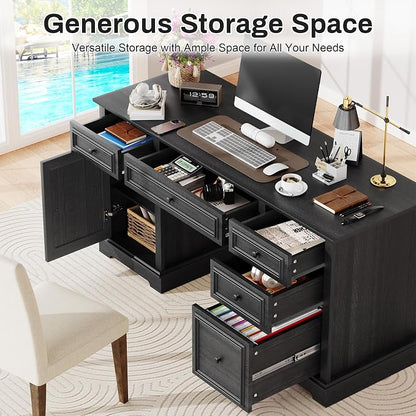 Vipbear 60" Farmhouse Executive Desk with Drawers and Cabinet, Embossed Texture Wood Home Office Desk, Rustic Computer Writing Desk, Workspace for Work Study Writing, Black