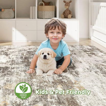 9x12 Area Rug Living Room: Washable Large Abstract Neutral Modern Soft Rugs Stain Resistant Indoor Floor Non-Slip Accent Carpet for Bedroom Nursery Playroom Dining Room Office Dorm Home- Brown Yellow