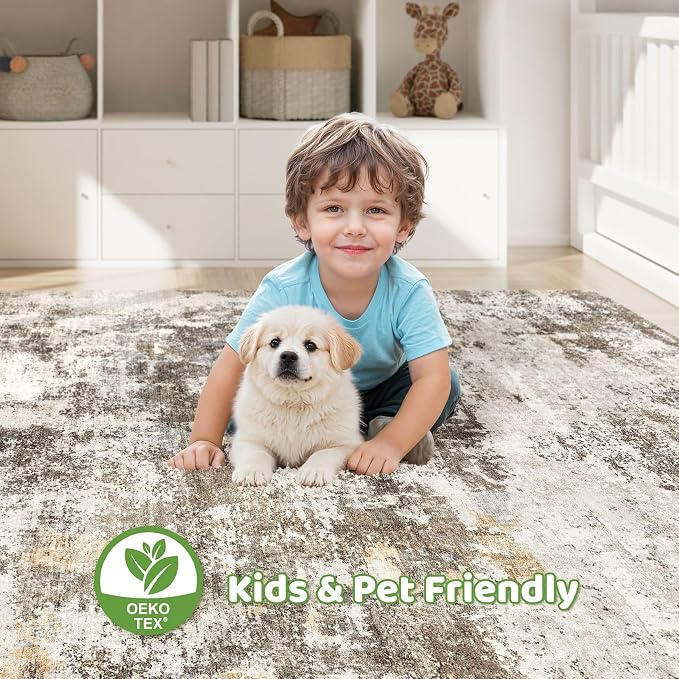 7x9 Area Rug Living Room: Washable Large Abstract Neutral Modern Soft Rugs Stain Resistant Indoor Floor Non-Slip Accent Carpet for Bedroom Nursery Playroom Dining Room Office Dorm Home- Brown Yellow