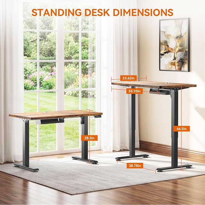 Standing Desk, 48 x 24 inches Electric Height Adjustable Desk, Sit Stand up Desk, Memory Computer Home Office Gaming Desk with 3 Preset Heights, Wood Table Cable Management Box, Brown