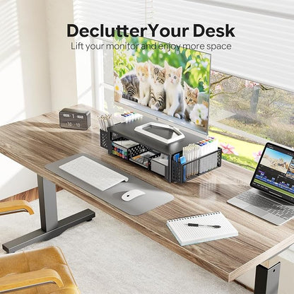 Simple Trending Metal Monitor Stand Riser, Drawer & 2 Pen Holders, Black | 2-in-1 Desk Organizer & Monitor Stand | Sturdy Metal | Drawer + Pen Holders | Ergonomic Support | Space Saving | Easy Setup