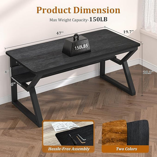 47 inch Computer Desk with Storage Shelf, K-Shaped Office Desk with Sturdy Metal Frame, Writing Gaming Work Desk with Waterproof Surface for Home Office & Bedroom, Black