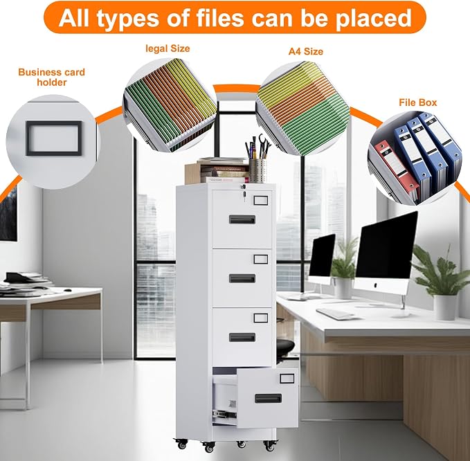 METAN 4 Drawer Metal File Cabinet on Wheels, Lockable Vertical Filing Storage for Letter Legal Size, Steel Organizer for Home Office, 14.96"x17.72"x54.13", Assembly Required, White