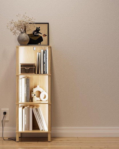 Bookshelf with LED Lights, Modern 3-Tier Bookcase, Open Storage Book Shelf, 11 × 14.2 × 38.9 Inches, Small Narrow Bookshelves for Living Room, Home Office, Bedroom, Natural