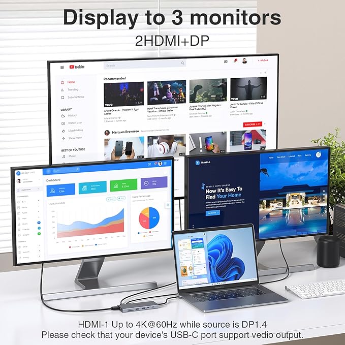 USB C Docking Station 3 Monitors USBC Hub Laptop Dual Monitor Multiport Adapter Dock Dongle,USBC to 2 HDMI,4K DisplayPort,PD Charging,Ethernet,7 USB-C/A Ports,SD/TF,Audio for Dell/HP/Lenovo