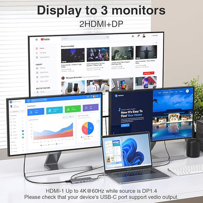 USB C Docking Station 3 Monitors USBC Hub Laptop Dual Monitor Multiport Adapter Dock Dongle,USBC to 2 HDMI,4K DisplayPort,PD Charging,Ethernet,7 USB-C/A Ports,SD/TF,Audio for Dell/HP/Lenovo