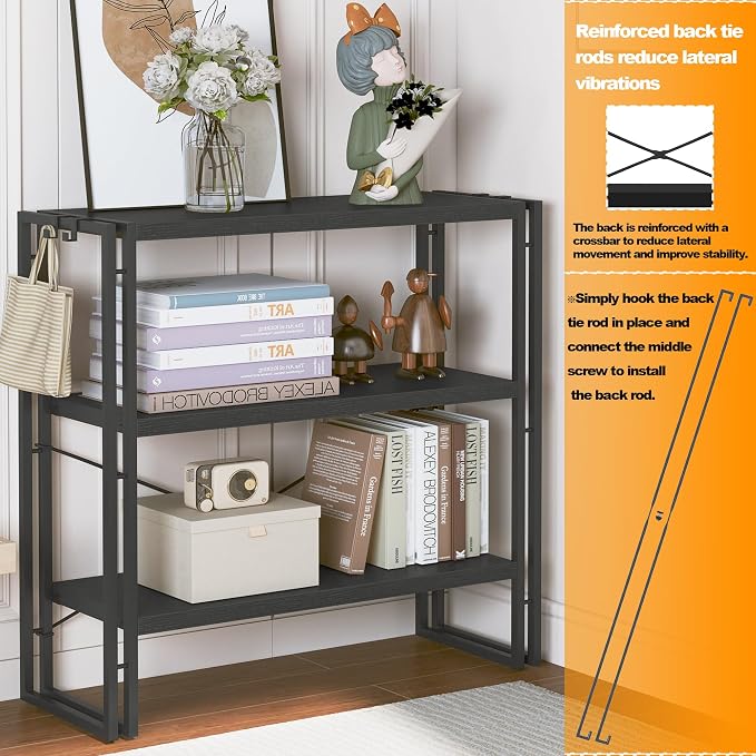 HCHQHS Bookshelf, 3-Tier Industrial Bookcase, Black Open Book Shelf, Freestanding Horizontal Bookshelves with Metal Frame