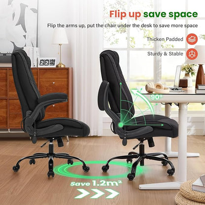 CIOMAN 500lbs Big and Tall Office Chair with Inflatable Lumbar Support for Back Pain, Executive Office Chair with Flip Up Arms and Rocking Function, Wide Cushion Computer Chair for All-Day Sitting