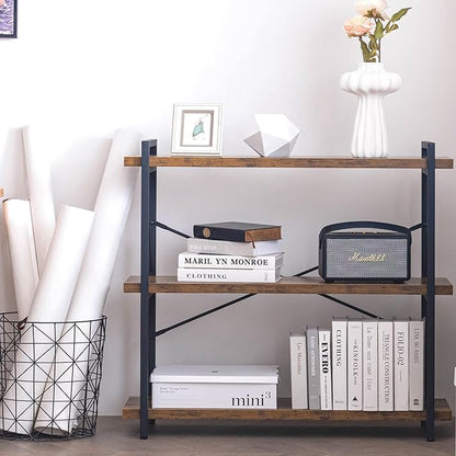 HCHQHS 3-Tier Industrial Bookshelf, 35" W x 12" D x 35" H | 1.2" Shelf Thickness, 14.17" Shelf Height, Wood and Metal, Horizontal, Rustic Brown, for Office Living Room Bedroom