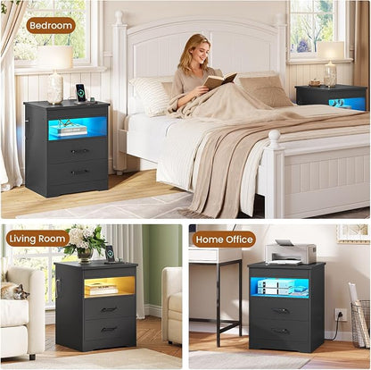 DICTAC Nightstand with Charging Station and LED Lights, Bedside Table with Lockable Sliding Desktop, Modern Night Stand with Storage Drawers and Open Shelf, End Side Table for Bedroom, Home Office