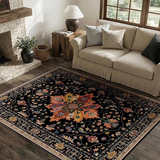 RELEANY Area Rugs 4'x6' Washable Non-Slip, Floral Vintage Distress Medallion Carpet for Living Room Bedroom Dining Room, Black Colorful Floral Dark Tan