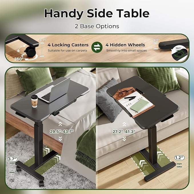 Gibbon Mounts 32inch Rolling Laptop Desk, Mobile Standing Desk Height Adjustable, 180° Tiltable Overbed Bedside Table, Portable Computer Desk with Lockable Wheels, Foldable Laptop Cart, Black