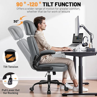 BestGlory Ergonomic Office Chair, PU Leather Executive Desk Chair with Adjustable Headrest, Flip-Up Arms and Lumbar Support, High Back Computer Chair for Home Office, Remote Work, Gaming, Grey