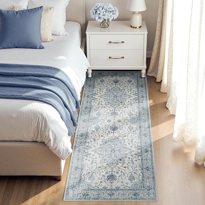 RELEANY Area Rugs Small 2'x4' Washable Non-Slip, Floral Vintage Distress Medallion Carpet for Kitchen Entryway Bathroom, Light Blue Navy Gray White