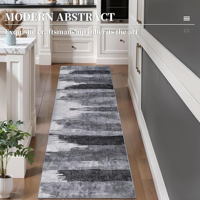 Ciicool 2x6 Washable Runner Rug, Modern Abstract Hallway Rugs Runner, Non-Slip Thin Accent Rug Lightweight Grey Black Print Distressed Carpet for Laundry Entryway Bedroom Kitchen Indoor