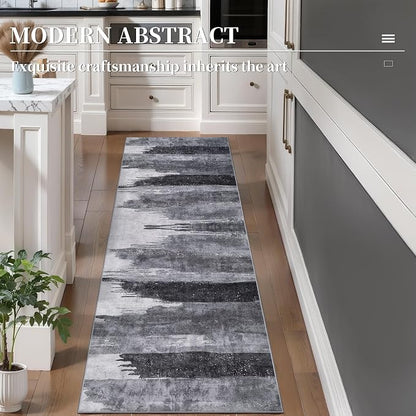 Ciicool 2x6 Washable Runner Rug, Modern Abstract Hallway Rugs Runner, Non-Slip Thin Accent Rug Lightweight Grey Black Print Distressed Carpet for Laundry Entryway Bedroom Kitchen Indoor