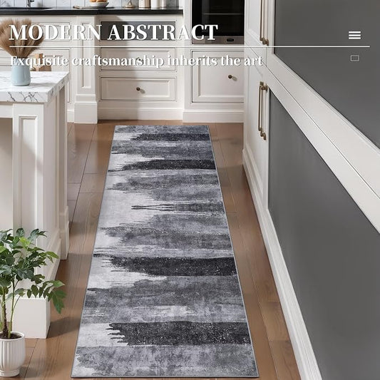 Ciicool 2x6 Washable Runner Rug, Modern Abstract Hallway Rugs Runner, Non-Slip Thin Accent Rug Lightweight Grey Black Print Distressed Carpet for Laundry Entryway Bedroom Kitchen Indoor