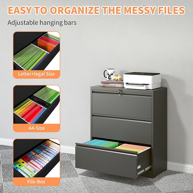 KEIKI 3 Drawer Lateral File Cabinet with Lock, 40.4" Heavy-Duty Metal Filing Cabinet, Wide Storage for Letter/Legal/A4/F4, Silent Full-Extension Slides, Anti-Tilt Safety for Home Office, Black