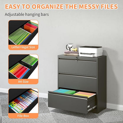 KEIKI 3 Drawer Lateral File Cabinet with Lock, 40.4" Heavy-Duty Metal Filing Cabinet, Wide Storage for Letter/Legal/A4/F4, Silent Full-Extension Slides, Anti-Tilt Safety for Home Office, Black