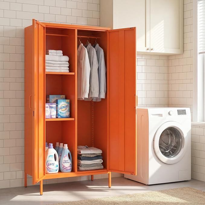 Metal Storage Wardrobe Cabinet with Lock, 67" Armoire Storage Cabinets Locker with Shelves and Hanging Rod, Steel Freestanding Metal Locker for Home Bedroom Orange 67" H X 31.5" W X 18.1" D