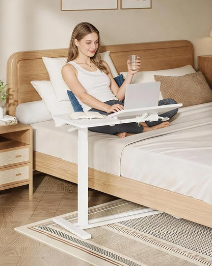 SANODESK Small Rolling Overbed Table Adjustable Height with Wheels, Mobile Laptop Desk with Tilting Desktop, Portable Computer Workstation for Home Office, Classroom, Bedside, White